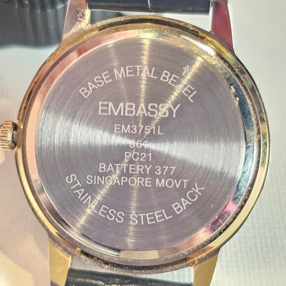 Embassy Quartz Watch Black Roman Dial Gold Tone Case 36.6mm Leather Band - Picture 13 of 14